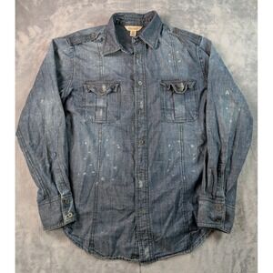 Decree Indigo Chambray Long Sleeve Work Shirt Distressed Thrashed Blue Men's M